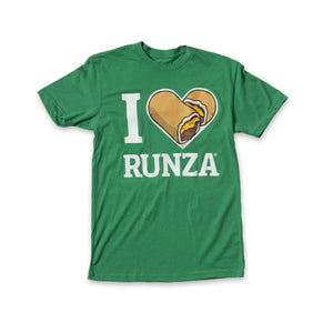 Kelly green t-shirt with "I Heart Runza®" written in white. The heart is made from two cheese Runza® Sandwiches.
