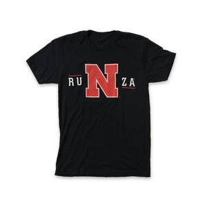 Black t-shirt with RuNza on the front in white. The "N" is the large red Husker "N".