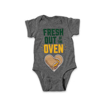 Load image into Gallery viewer, Heather gray onezie with &quot;Fresh Out of the&quot; written in green and &quot;Oven&quot; written in yellow with yellow steam lines on both end. There is a heart made of two Cheese Runza® Sandwiches below the text. 
