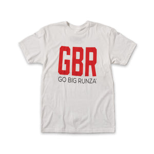 White t-shirt with large red "GBR" and smaller black "GO BIG Runza®" below. 