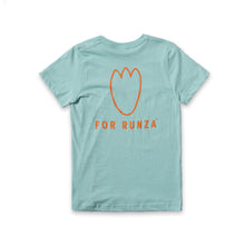 Load image into Gallery viewer, Light blue t-shirt with &quot;For Runza®&quot; written in orange below an orange line art t-rex footprint. 
