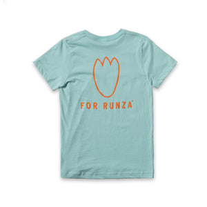 Light blue t-shirt with "For Runza®" written in orange below an orange line art t-rex footprint. 