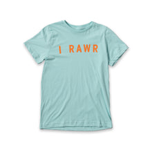 Load image into Gallery viewer, Light blue t-shirt with &quot;I RAWR&quot; written in orange.
