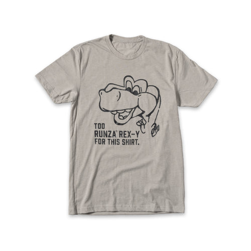 Light gray t-shirt with a black line art drawing of Runza® Rex. 