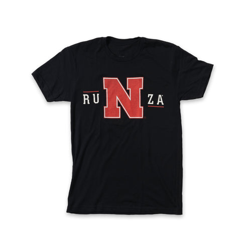 Black t-shirt with RuNza on the front in white. The 